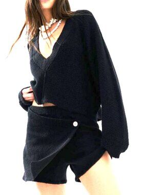 Free People FP Beach Chunky Knit Sweater Shorts Set Black Two Piece Small